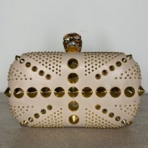 Alexander McQueen Calfskin Studded Britannia Skull Box Clutch Taupe